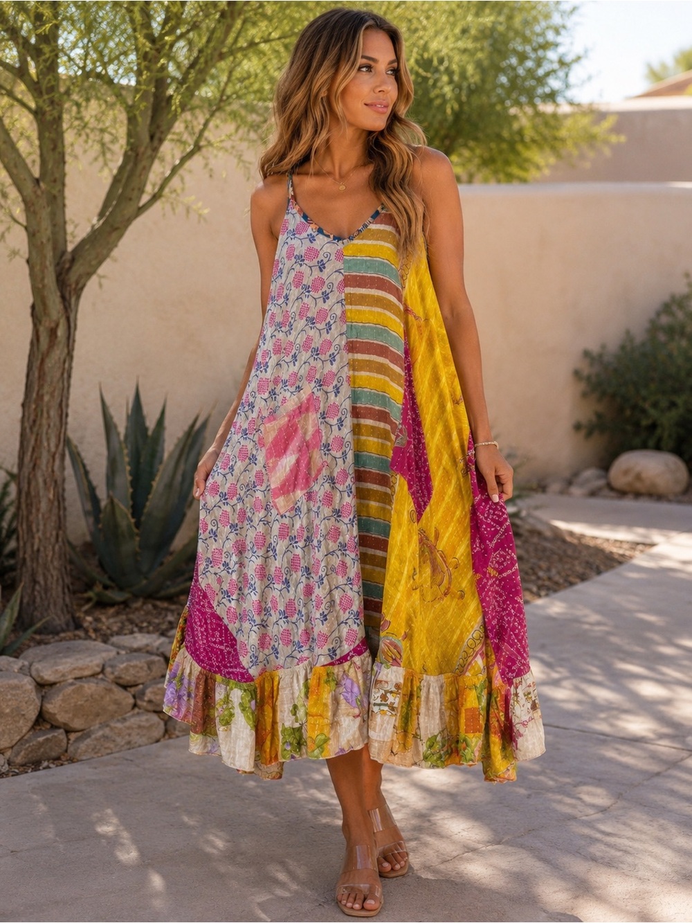 Kantha Boho Patchwork Maxi Dress in Yellow & Pink